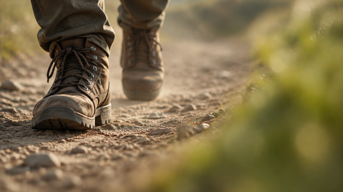 Wanderstiefel auf einem alten Feldweg (Symbolbild, KI-generiert)