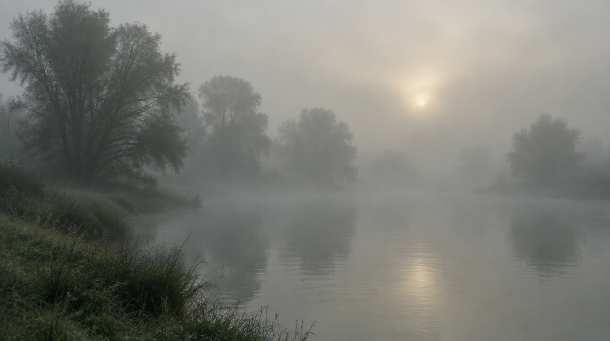 Flussufer im Morgennebel mit Bäumen am Wasser (Symbolbild, KI-generiert)