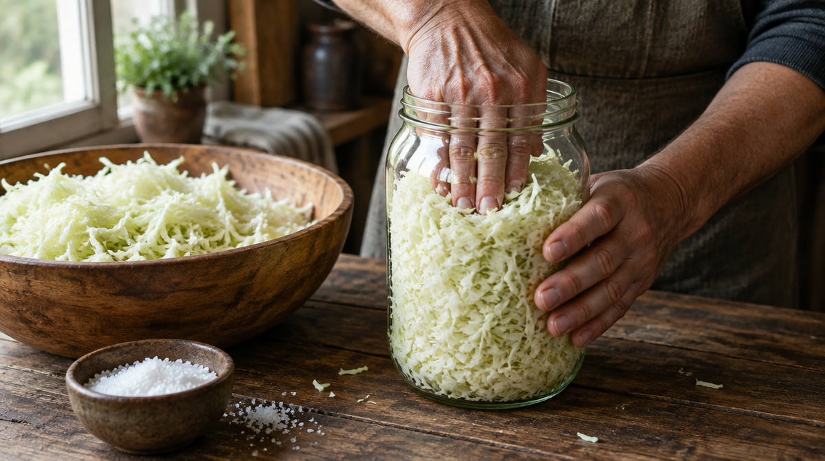 Hände drücken gehobelten Weißkohl fest in ein großes Glas (Symbolbild, KI-generiert)