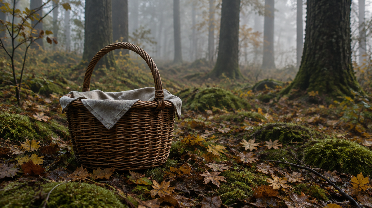 Sammelkorb mit Leinentuch auf dem Waldboden im Herbstnebel (Symbolbild, KI-generiert)